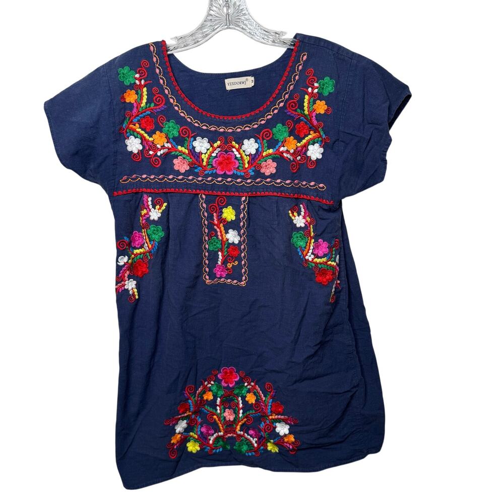 YZXDORWJ Embroidered‎ Tunic Dress Navy Multicolor Boho Festival Women’s M